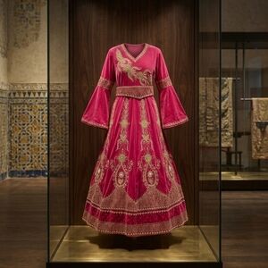 Embroidered Velvet Maxi Dress/ Kaftan in Fuchsia with Gold Accents